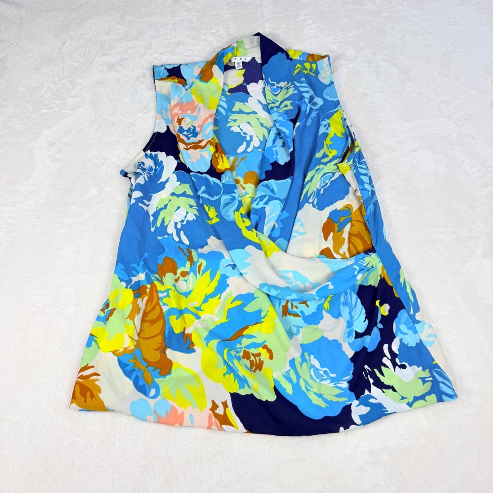 Cabi Floral Draped Sleeveless Blouse Womens XL Blue Yellow Surplice Top 741
